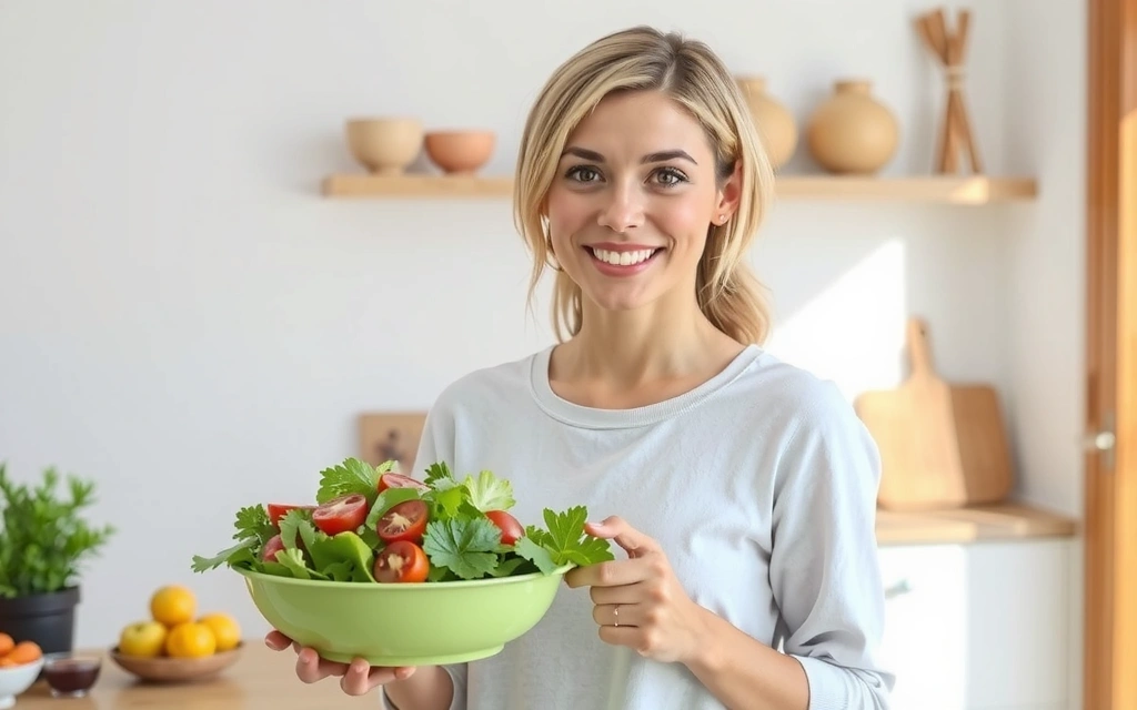 Une femme souriante tenant une salade fraîche, symbolisant une alimentation saine et équilibrée.