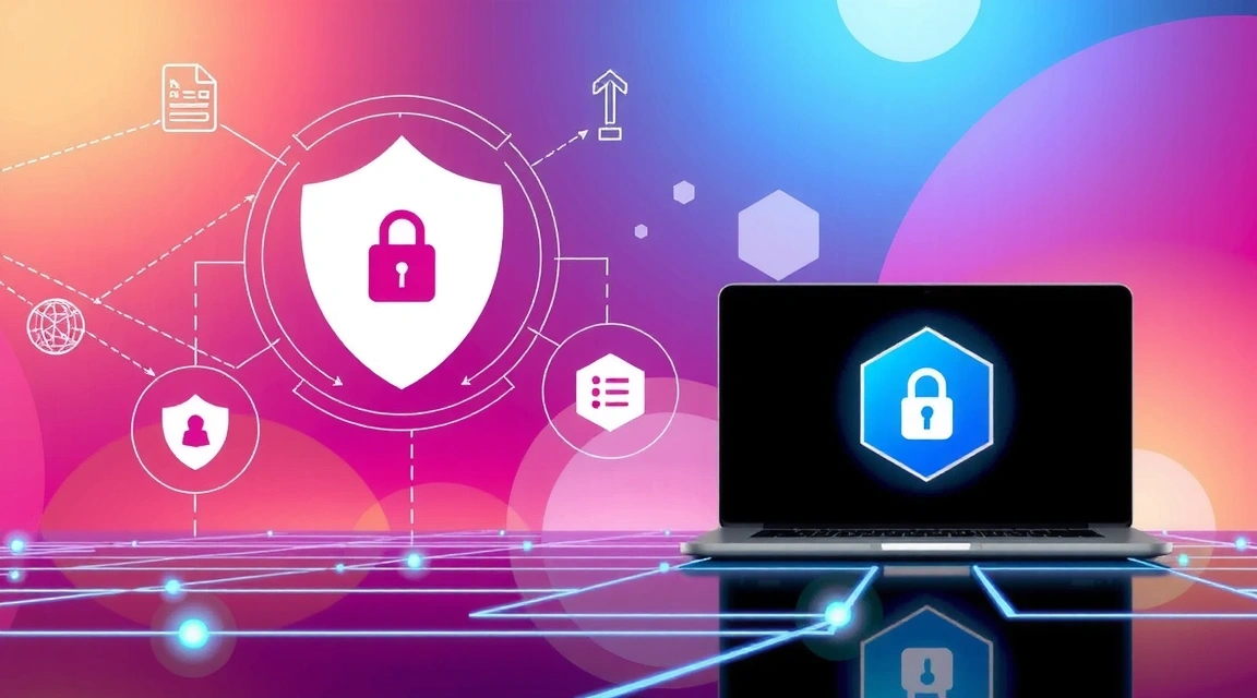 Image abstraite illustrant la protection des données et la confidentialité en ligne avec des icônes de cadenas et de bouclier.