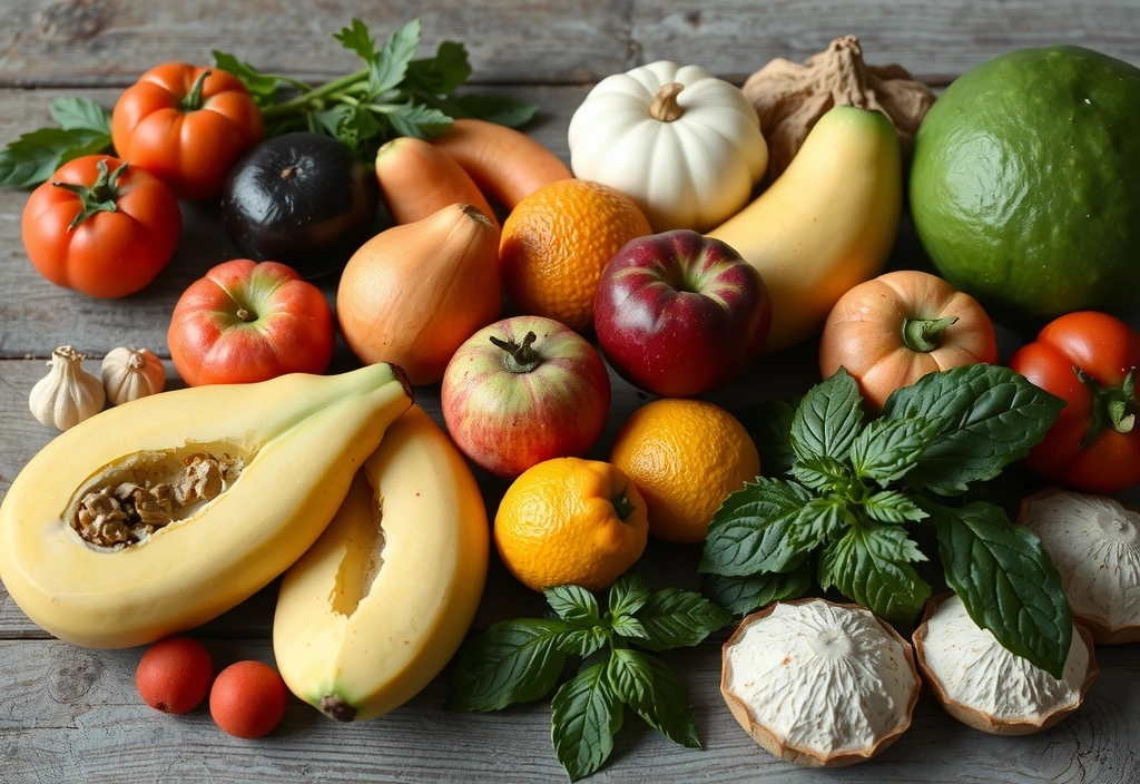 Assortiment de fruits, légumes et herbes, représentant une alimentation saine et naturelle